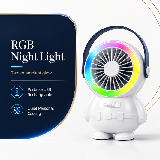 Astro Series Astronaut Mini Desktop Fan with RGB Night Light – Portable USB Rechargeable Fan