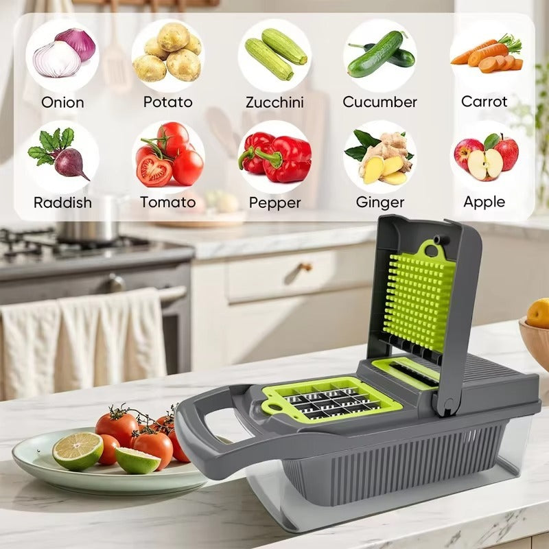 Multi Function Vegetable Chopper with 6 Interchangeable Blades – Manual Vegetable & Fruit Cutter, Slicer, Dicer & Grater
