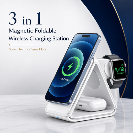 3 in 1 Magnetic Foldable Wireless Charging Station 15W Fast Charger for iPhone, AirPods & Smartwatch