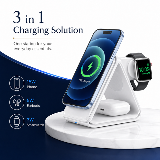 3 in 1 Magnetic Foldable Wireless Charging Station 15W Fast Charger for iPhone, AirPods & Smartwatch