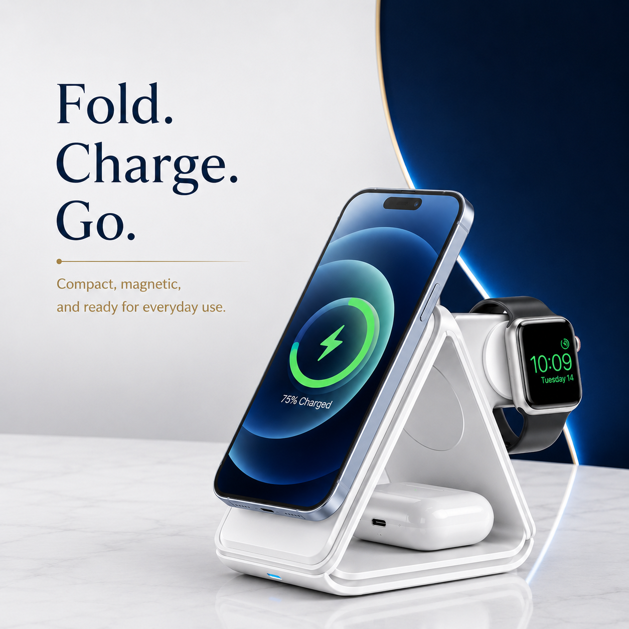 3 in 1 Magnetic Foldable Wireless Charging Station 15W Fast Charger for iPhone, AirPods & Smartwatch