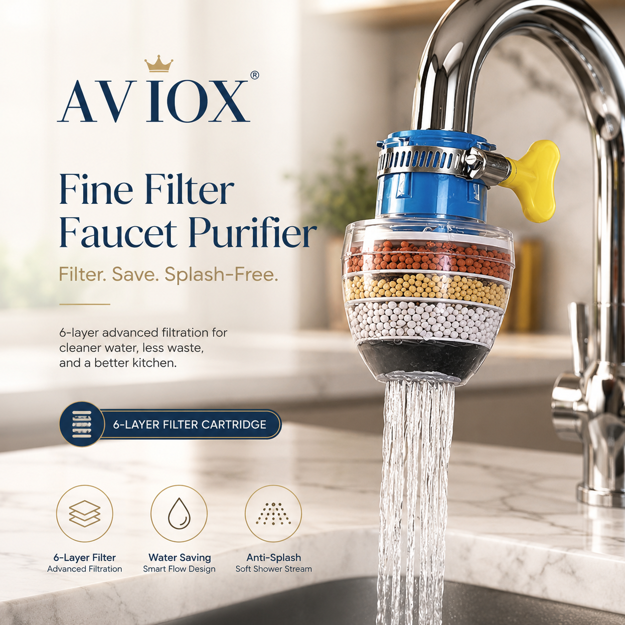 6 Layer Faucet Filter Anti Splash Water Saving Tap Purifier for Kitchen