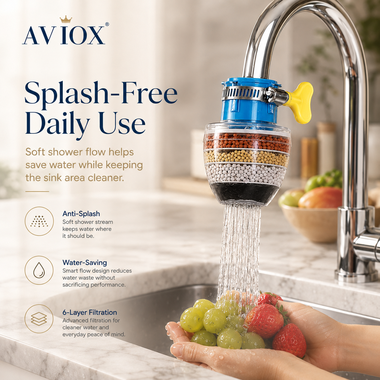 6 Layer Faucet Filter Anti Splash Water Saving Tap Purifier for Kitchen