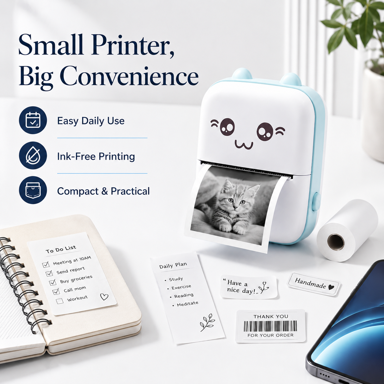 Mini Portable Thermal Printer Wireless Bluetooth Pocket Photo Printer with Paper Roll