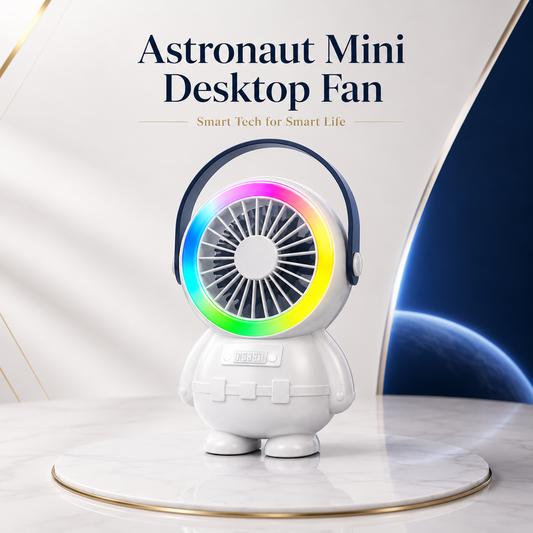 Astro Series Astronaut Mini Desktop Fan with RGB Night Light – Portable USB Rechargeable Fan