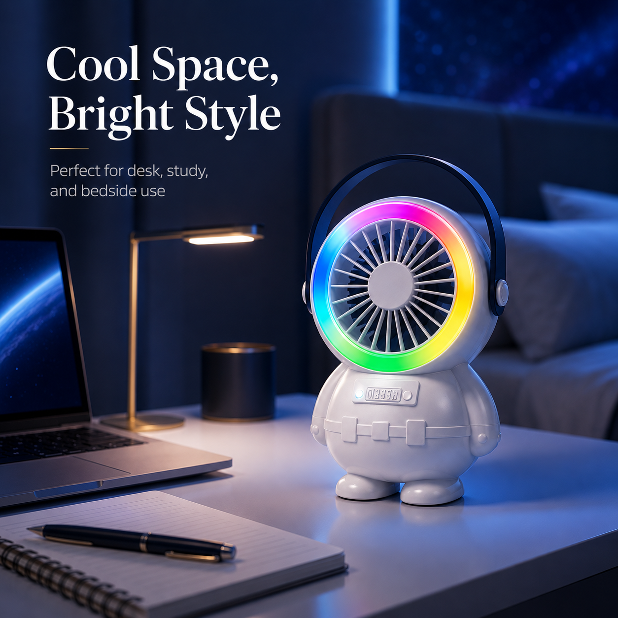 Astro Series Astronaut Mini Desktop Fan with RGB Night Light – Portable USB Rechargeable Fan