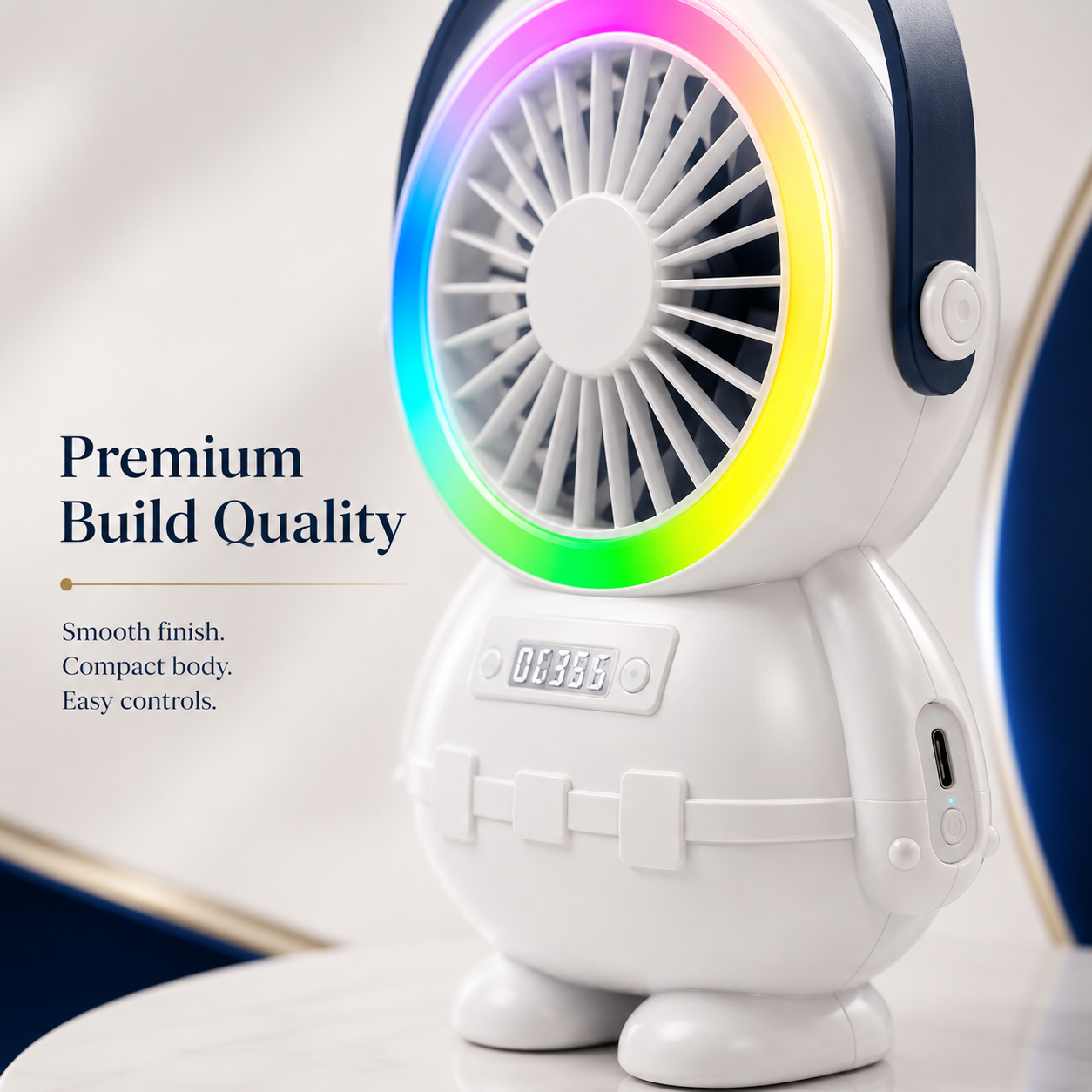 Astro Series Astronaut Mini Desktop Fan with RGB Night Light – Portable USB Rechargeable Fan