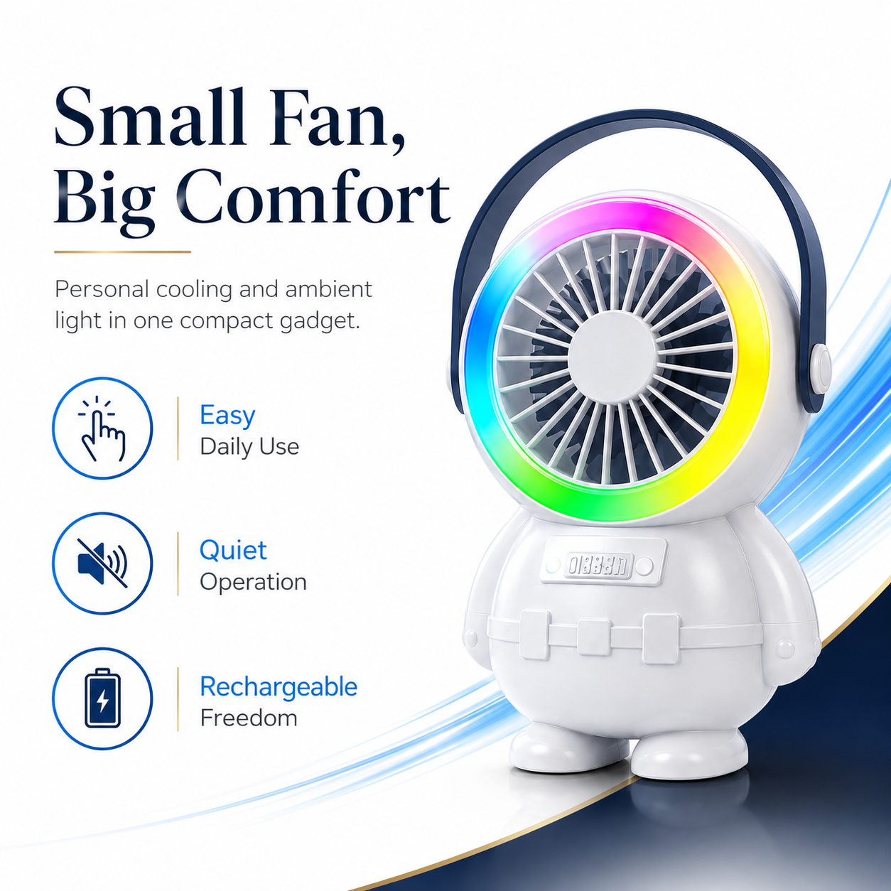 Astro Series Astronaut Mini Desktop Fan with RGB Night Light – Portable USB Rechargeable Fan
