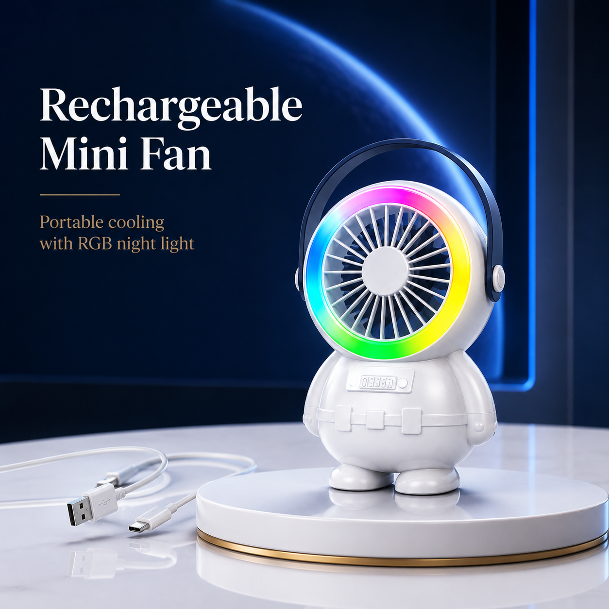 Astro Series Astronaut Mini Desktop Fan with RGB Night Light – Portable USB Rechargeable Fan