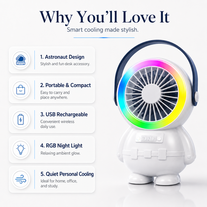 Astro Series Astronaut Mini Desktop Fan with RGB Night Light – Portable USB Rechargeable Fan