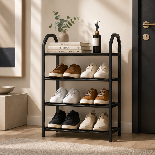 4-Layer Portable Shoe Rack with Dustproof Cover – Space Saving Shoe Organizer for Home & Closet (Plastic + Metal Body)