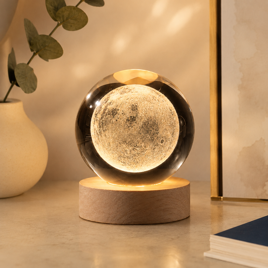 3D Moon Galaxy Crystal Ball Lamp with Wooden LED Base – Decorative Night Light