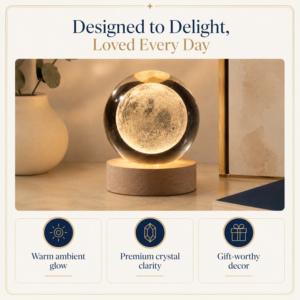 3D Moon Galaxy Crystal Ball Lamp with Wooden LED Base – Decorative Night Light