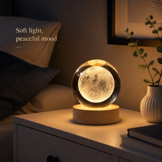 3D Moon Galaxy Crystal Ball Lamp with Wooden LED Base – Decorative Night Light