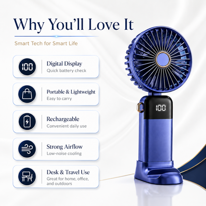 Digital Display Portable Mini Fan – Rechargeable Handheld Cooling Fan with Battery Display