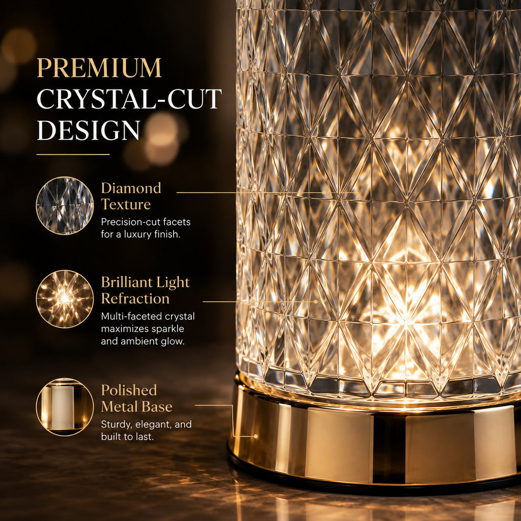 Crystal Diamond Touch Lamp – Rechargeable LED Bedside Table Lamp with 3 Color Modes