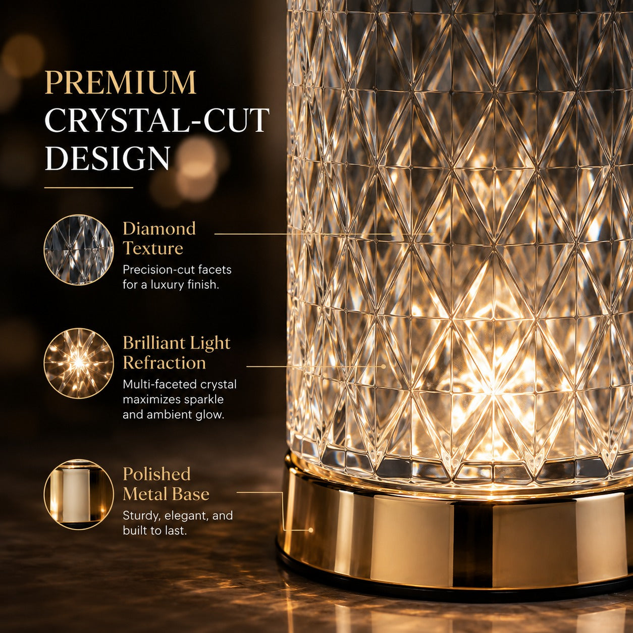 Crystal Diamond Touch Lamp – Rechargeable LED Bedside Table Lamp with 3 Color Modes