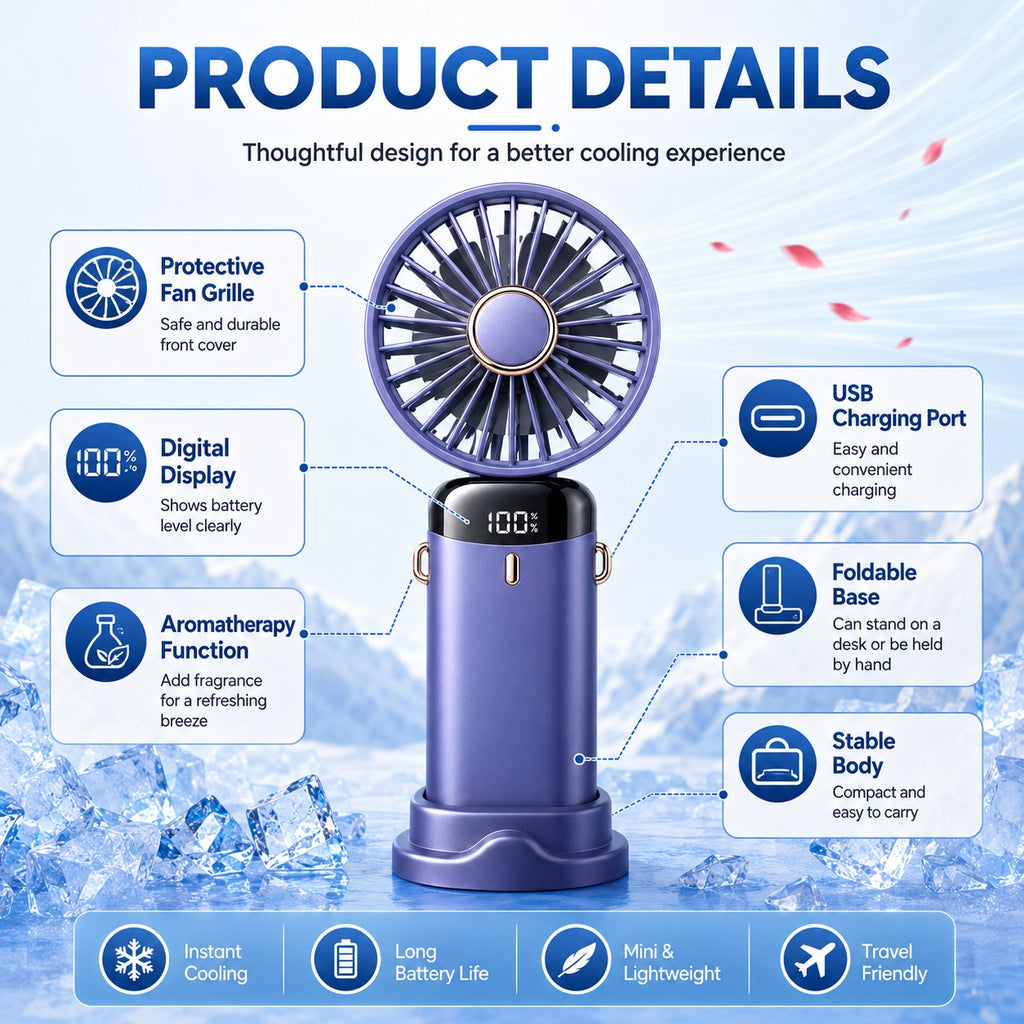 Portable Handheld Rechargeable Fan – Mini USB Personal Cooling Fan for Home, Office & Travel