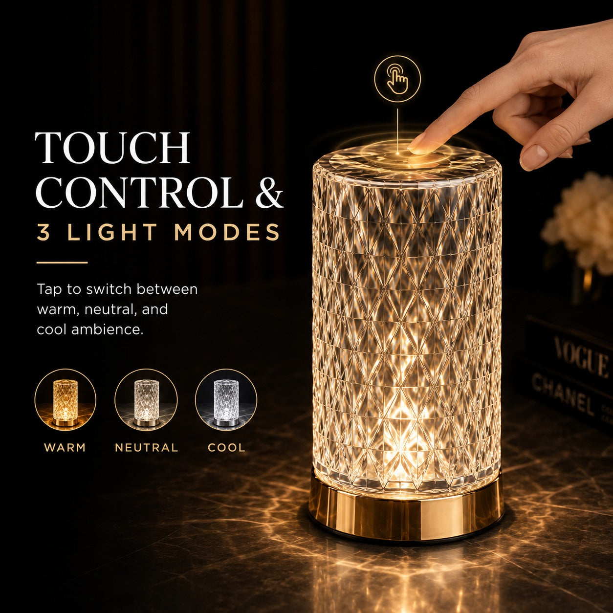 Crystal Diamond Touch Lamp – Rechargeable LED Bedside Table Lamp with 3 Color Modes