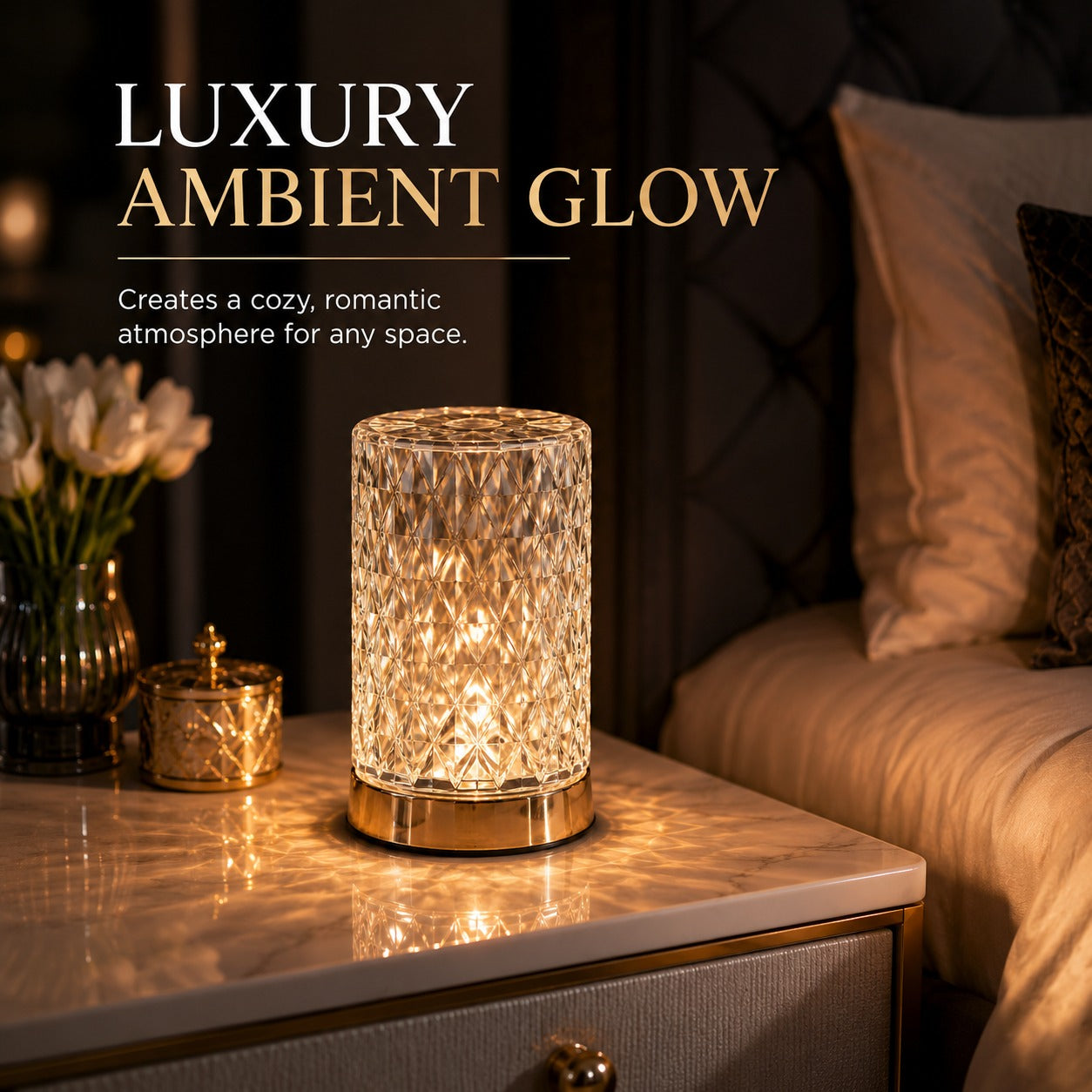 Crystal Diamond Touch Lamp – Rechargeable LED Bedside Table Lamp with 3 Color Modes