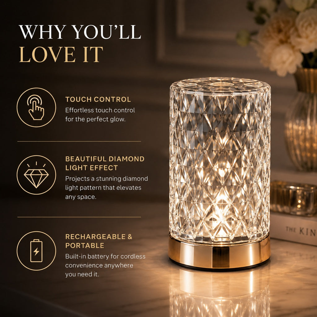 Crystal Diamond Touch Lamp – Rechargeable LED Bedside Table Lamp with 3 Color Modes