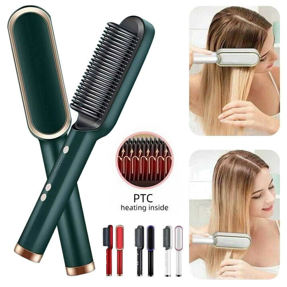 909 Hair Straightening Brush – 2-in-1 Electric Hair Straightener & Curler