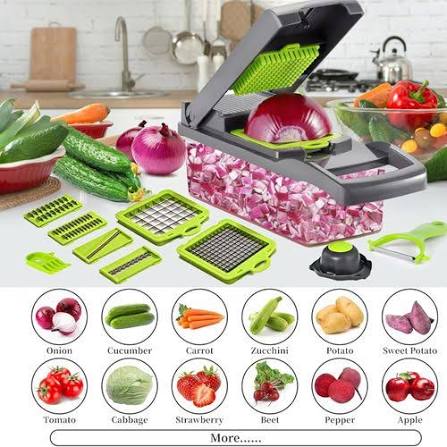 Multi Function Vegetable Chopper with 6 Interchangeable Blades – Manual Vegetable & Fruit Cutter, Slicer, Dicer & Grater